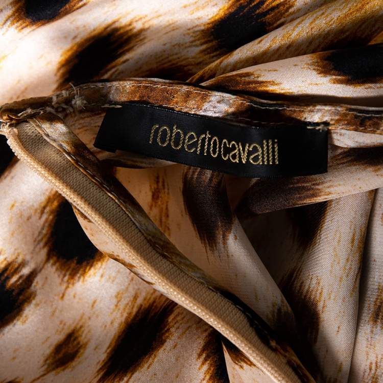 Pre Owned Roberto Cavalli Brown Animal Printed Silk Satin Halter Neck Dress M