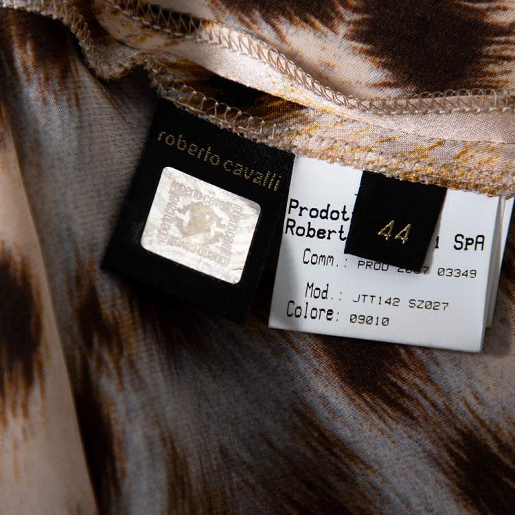 Pre Owned Roberto Cavalli Brown Animal Printed Silk Satin Halter Neck Dress M