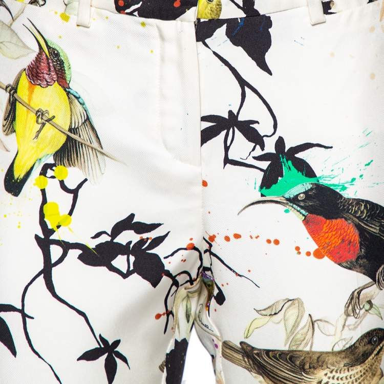 Pre Owned Roberto Cavalli Multicolored Bird Print Silk Contrast Trim Detailed Trousers M