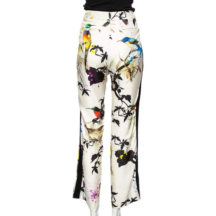 Pre Owned Roberto Cavalli Multicolored Bird Print Silk Contrast Trim Detailed Trousers M