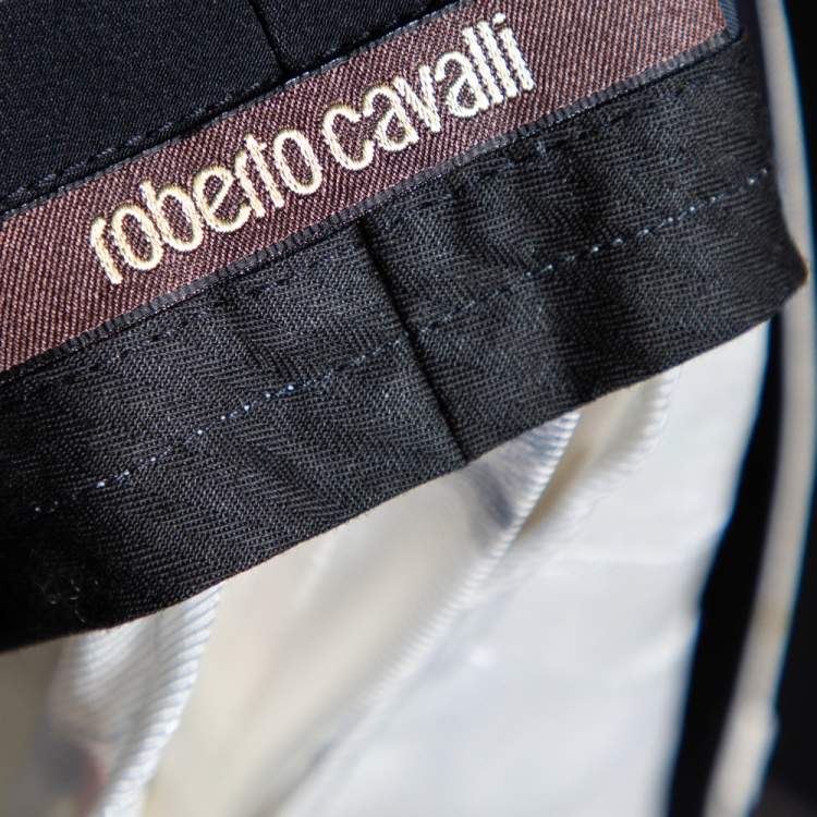 Pre Owned Roberto Cavalli Multicolored Bird Print Silk Contrast Trim Detailed Trousers M