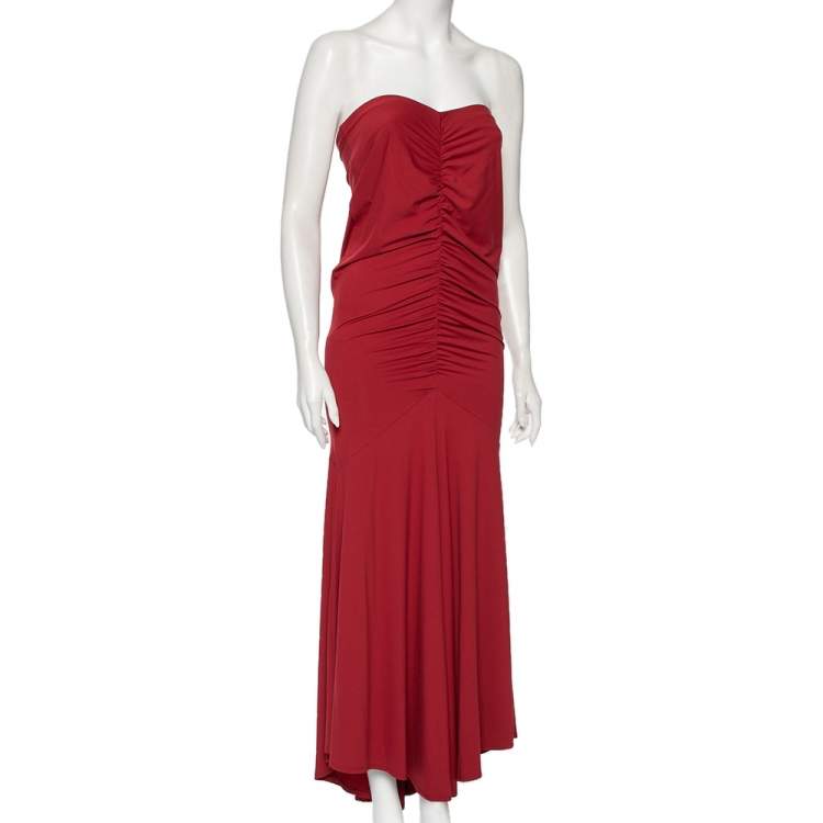 Roberto Cavalli Red Ruched Knit Mermaid Maxi Dress L