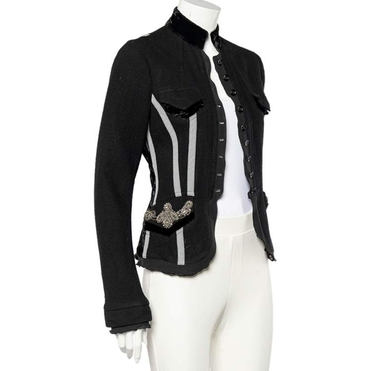Pre Owned Roberto Cavalli Black Wool Contrast Trimmed Embellished Detailed Jacket S
