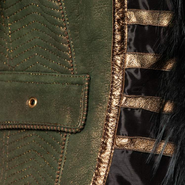 Pre Owned Roberto Cavalli Green Leather And Fox Fur Lined Vest S
