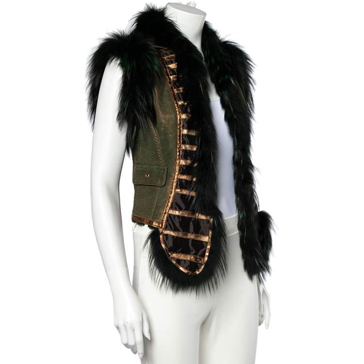 Pre Owned Roberto Cavalli Green Leather And Fox Fur Lined Vest S