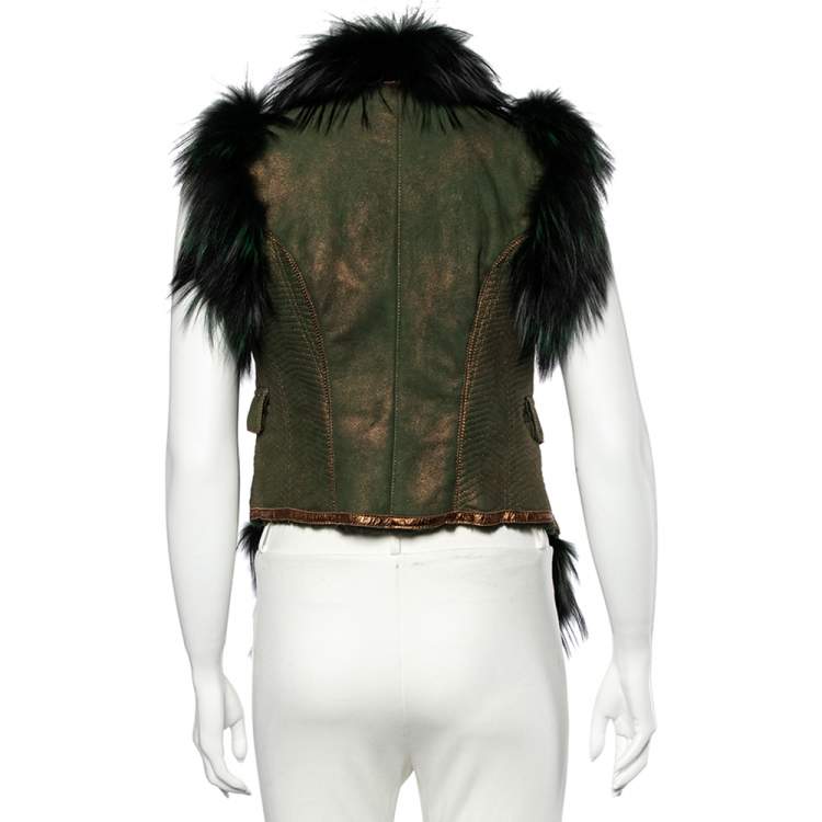 Pre Owned Roberto Cavalli Green Leather And Fox Fur Lined Vest S