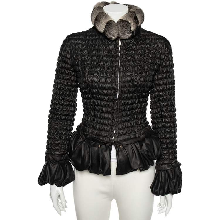 Pre Owned Roberto Cavalli Black Silk Fur Collar Detail Quilted Jacket S
