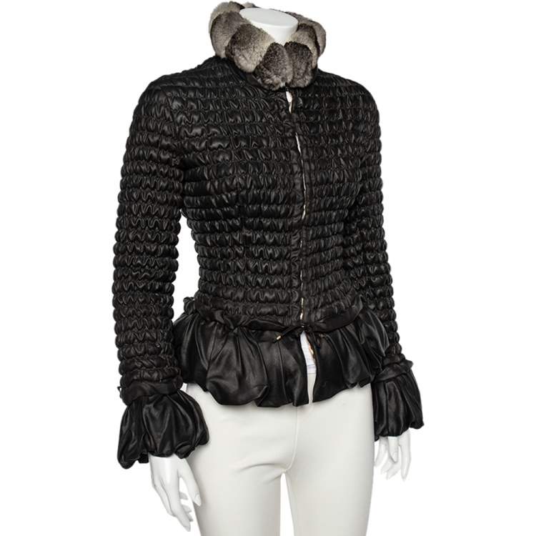 Pre Owned Roberto Cavalli Black Silk Fur Collar Detail Quilted Jacket S