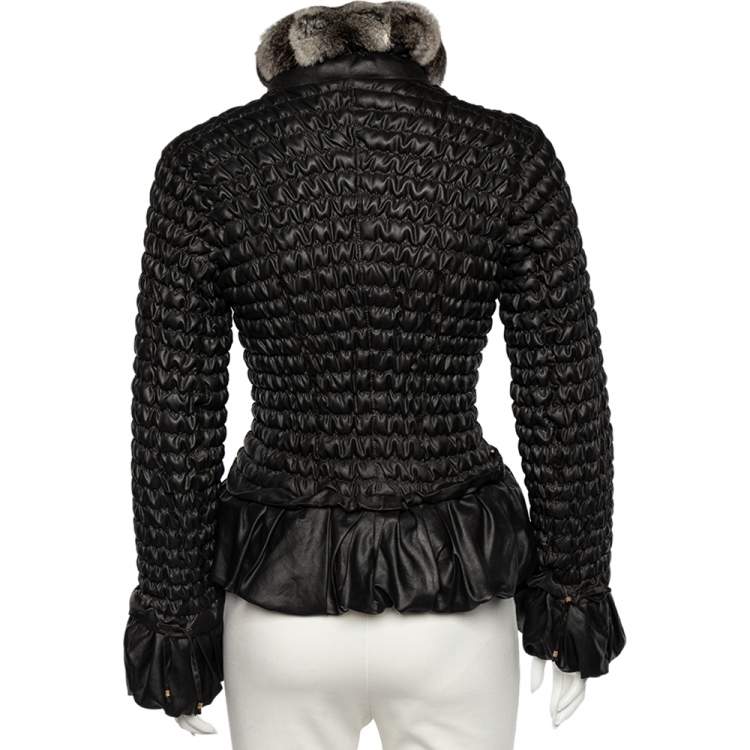 Pre Owned Roberto Cavalli Black Silk Fur Collar Detail Quilted Jacket S