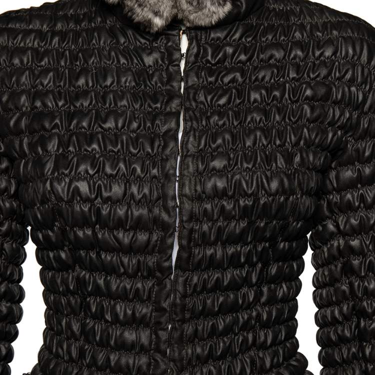 Pre Owned Roberto Cavalli Black Silk Fur Collar Detail Quilted Jacket S