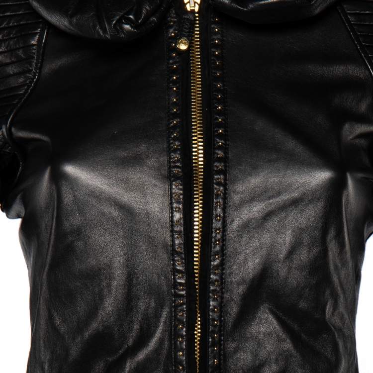 Pre Owned Roberto Cavalli Black Leather And Suede Pleated Sleeve Detail Ruffled Collar Jacket S