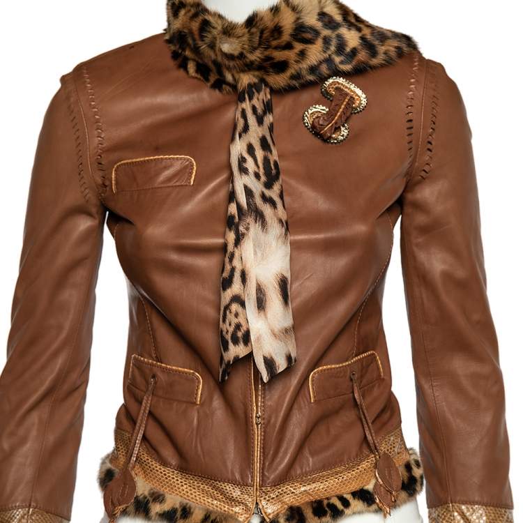 Pre Owned Roberto Cavalli Brown Leather Fur Lined Jacket S