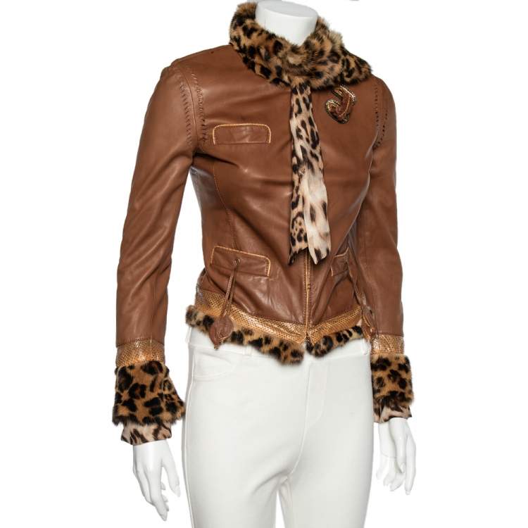 Pre Owned Roberto Cavalli Brown Leather Fur Lined Jacket S