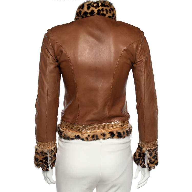 Pre Owned Roberto Cavalli Brown Leather Fur Lined Jacket S