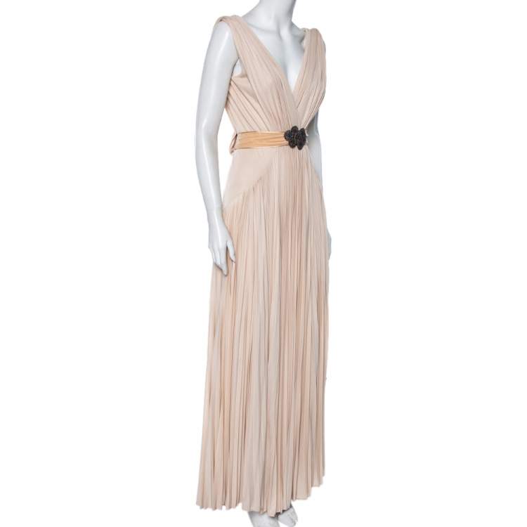 Pre Owned Roberto Cavalli Beige Knit Plisse Detail Sleeveless Belted Maxi Dress S