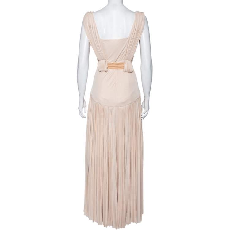 Pre Owned Roberto Cavalli Beige Knit Plisse Detail Sleeveless Belted Maxi Dress S
