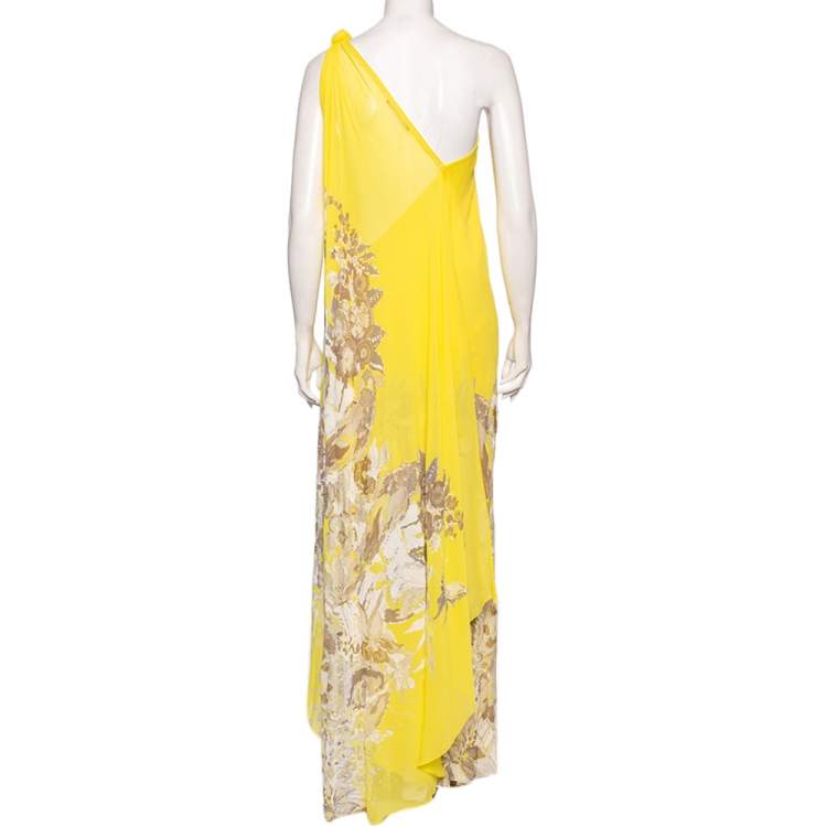 مملوكة مسبقًا Roberto Cavalli Yellow Printed Silk Chiffon One Shoulder Toga Cape Dress M