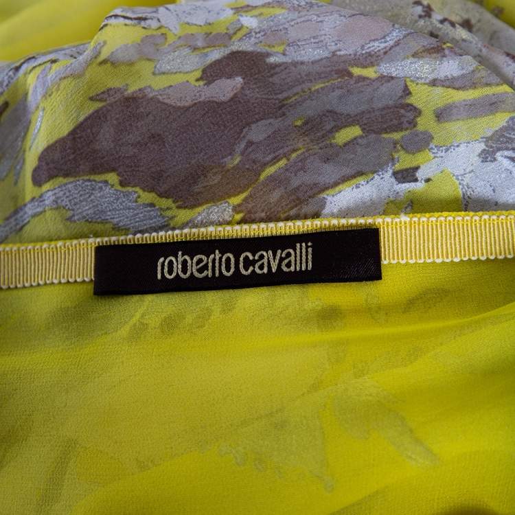 مملوكة مسبقًا Roberto Cavalli Yellow Printed Silk Chiffon One Shoulder Toga Cape Dress M
