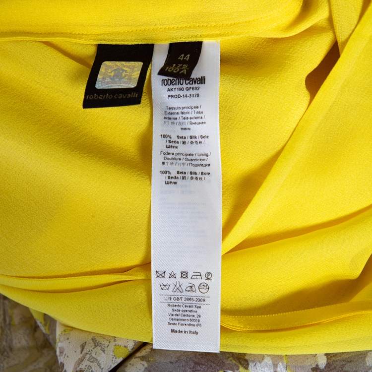 مملوكة مسبقًا Roberto Cavalli Yellow Printed Silk Chiffon One Shoulder Toga Cape Dress M