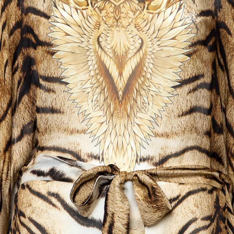 Pre Owned Roberto Cavalli Beige Eagle Animal Print Silk Belted Kaftan Top M