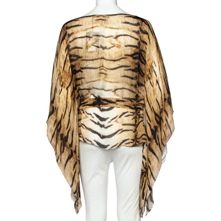 Pre Owned Roberto Cavalli Beige Eagle Animal Print Silk Belted Kaftan Top M