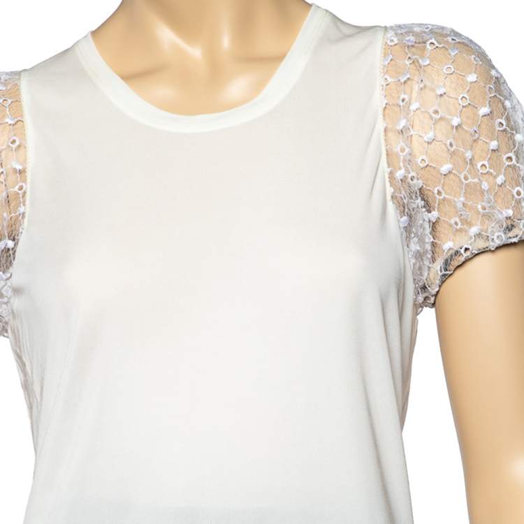Pre Owned Roberto Cavalli White Jersey Lace Puff Sleeve T-Shirt M