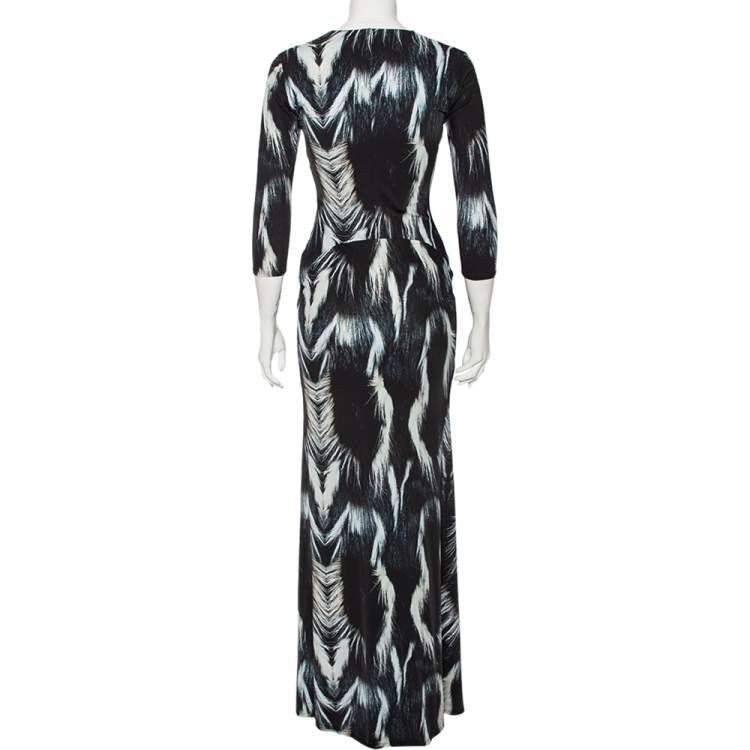 Pre Owned Roberto Cavalli Monochrome Printed Jersey V-Neck Maxi Dress M