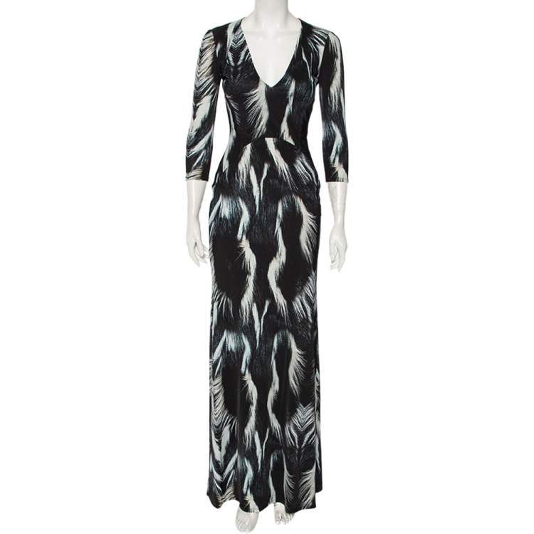 Pre Owned Roberto Cavalli Monochrome Printed Jersey V-Neck Maxi Dress M