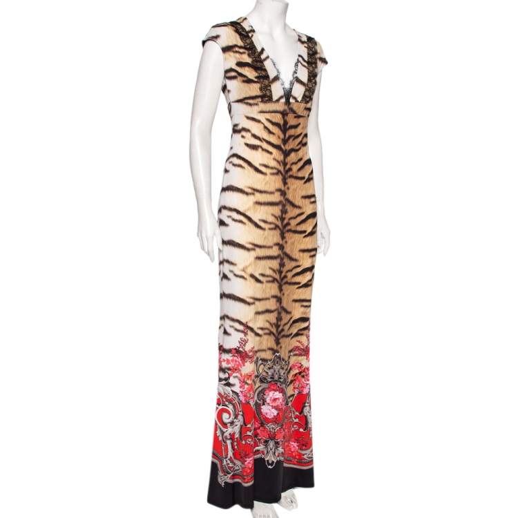 Pre Owned Roberto Cavalli Multicolor Printed Jersey Lace Trim Plunge Neck Maxi Dress M