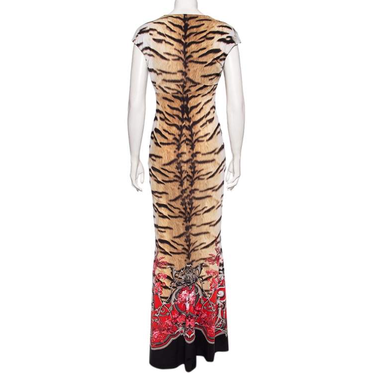 Pre Owned Roberto Cavalli Multicolor Printed Jersey Lace Trim Plunge Neck Maxi Dress M
