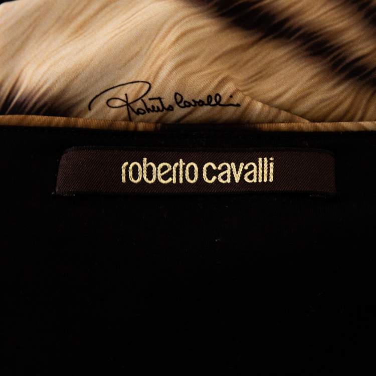 Pre Owned Roberto Cavalli Multicolor Printed Jersey Lace Trim Plunge Neck Maxi Dress M