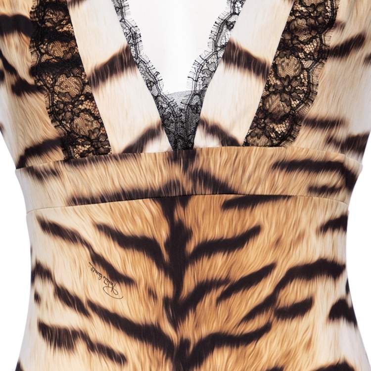Pre Owned Roberto Cavalli Multicolor Printed Jersey Lace Trim Plunge Neck Maxi Dress M
