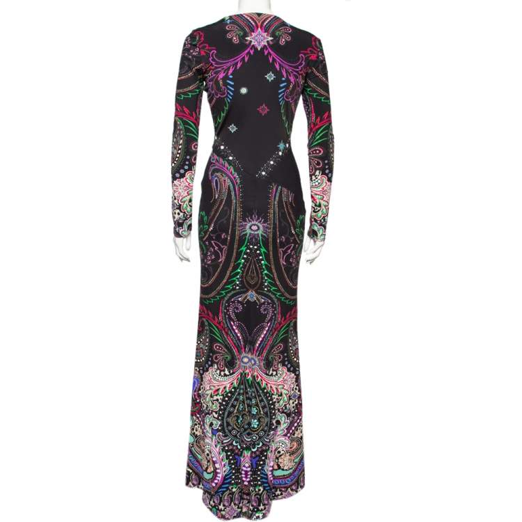 Pre Owned Roberto Cavalli Black Printed Jersey Plunge Neck Maxi Dress M