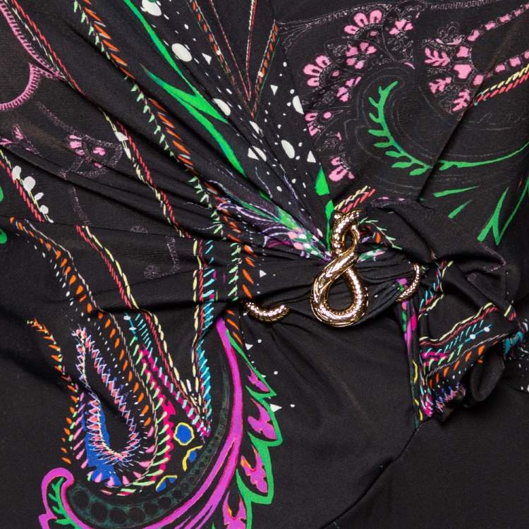 Pre Owned Roberto Cavalli Black Printed Jersey Plunge Neck Maxi Dress M