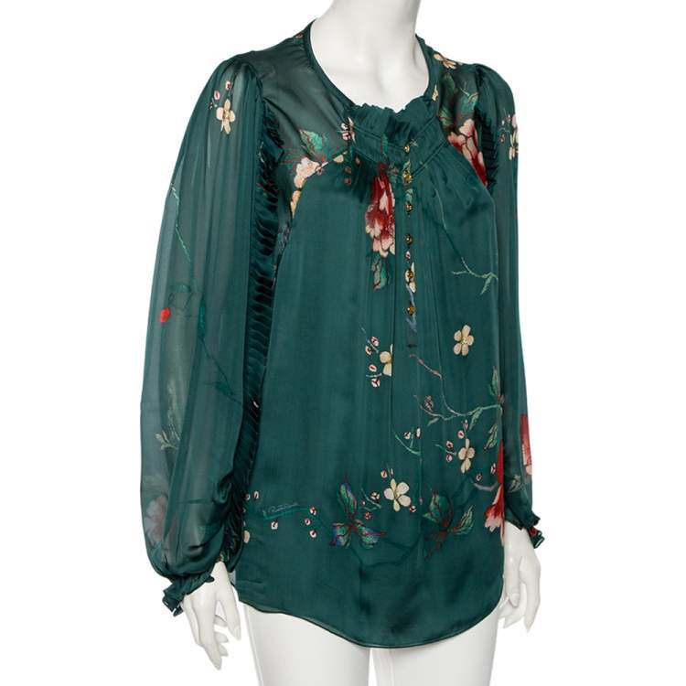 Pre Owned Roberto Cavalli Dark Green Floral Printed Chiffon Pleated Detail Blouse L