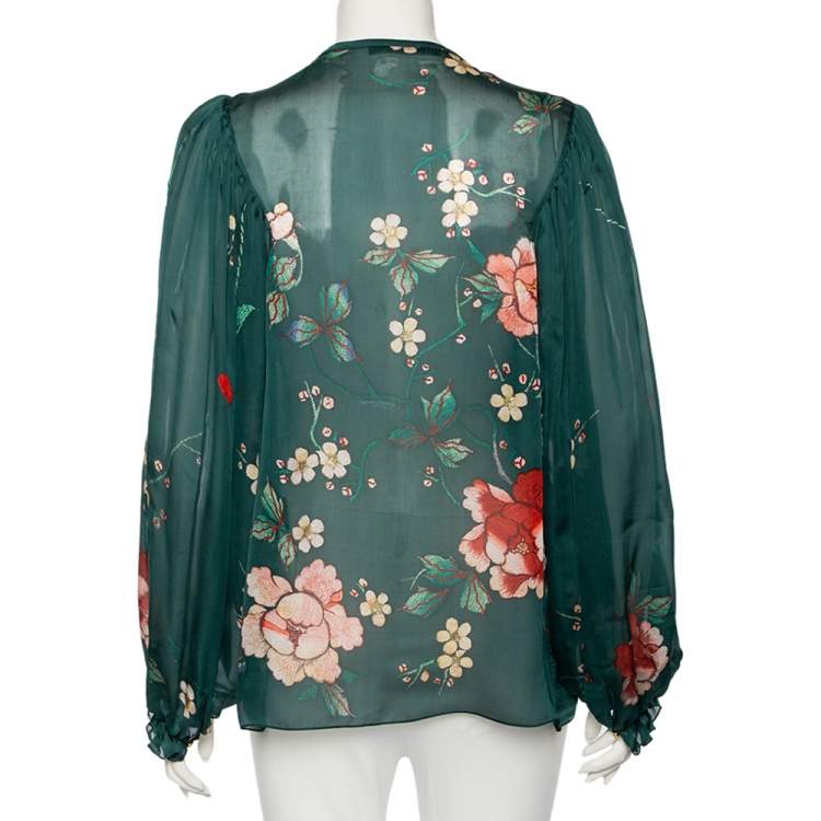 Pre Owned Roberto Cavalli Dark Green Floral Printed Chiffon Pleated Detail Blouse L