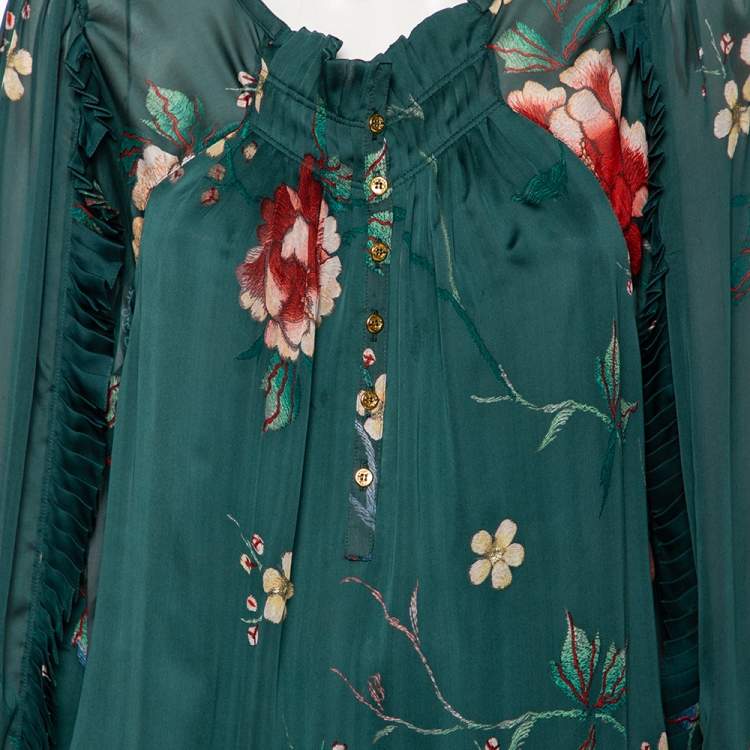 Pre Owned Roberto Cavalli Dark Green Floral Printed Chiffon Pleated Detail Blouse L