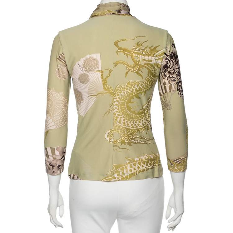 Pre Owned Roberto Cavalli Light Green Printed Jersey Neck Tie Detailed Top M