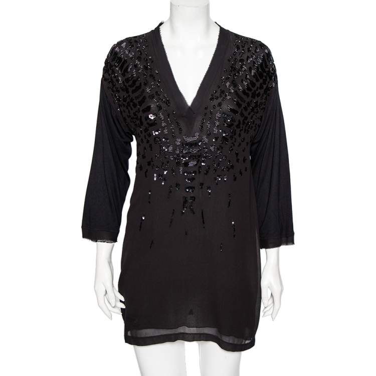 Pre Owned Roberto Cavalli Black Embellished Silk V-Neck Top M