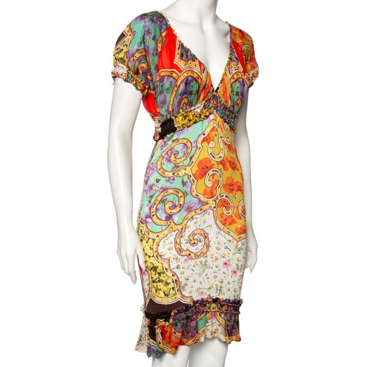 مملوكة مسبقًا Roberto Cavalli Multicolor Printed Silk & Jersey Dress S