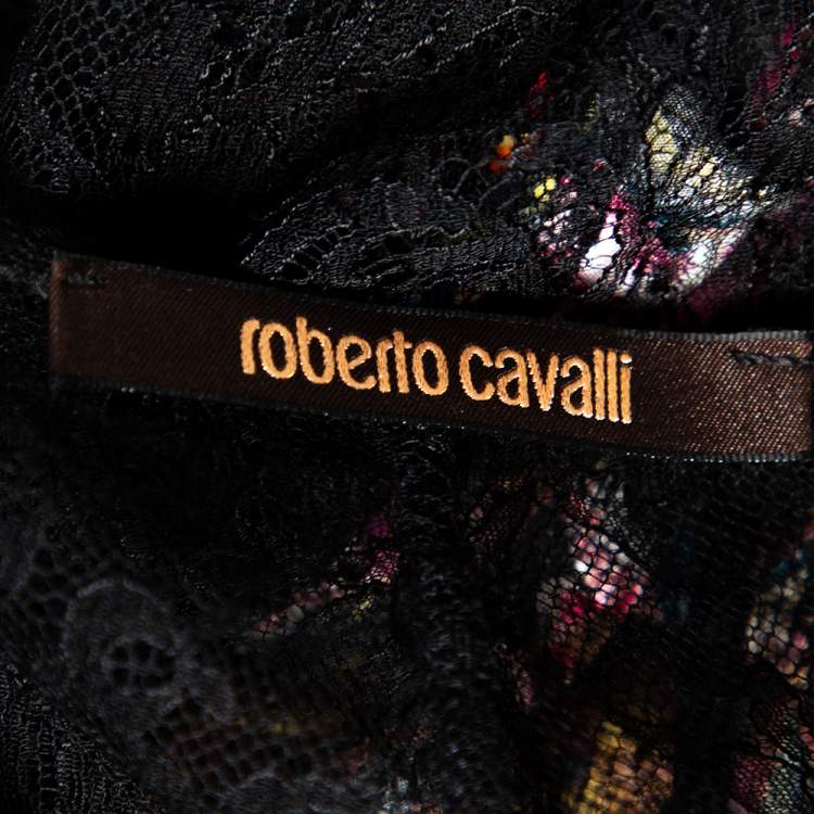 Pre Owned Roberto Cavalli Black Floral Printed Satin & Lace Sleeveless Top S
