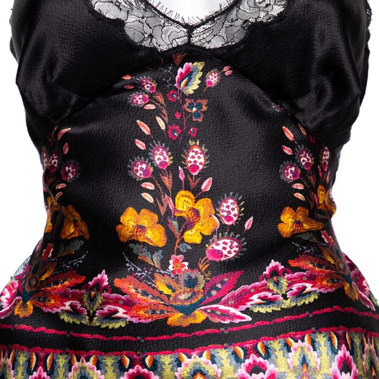 Pre Owned Roberto Cavalli Black Floral Printed Satin & Lace Sleeveless Top S