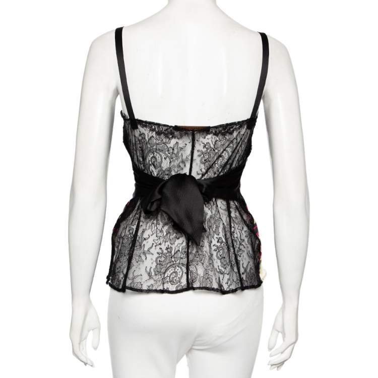 Pre Owned Roberto Cavalli Black Floral Printed Satin & Lace Sleeveless Top S