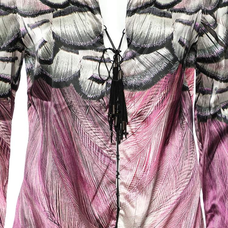 Pre Owned Roberto Cavalli Multicolor Printed Silk Tie Up Detail Top L