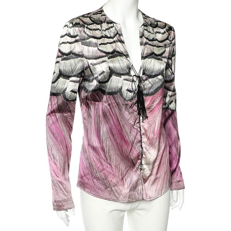 Pre Owned Roberto Cavalli Multicolor Printed Silk Tie Up Detail Top L