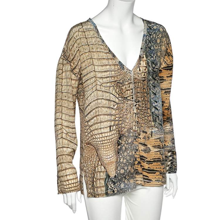 Pre Owned Roberto Cavalli Multicolor Printed Silk Lace Up Detail Top L