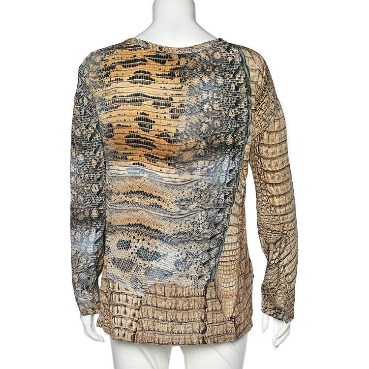 Pre Owned Roberto Cavalli Multicolor Printed Silk Lace Up Detail Top L