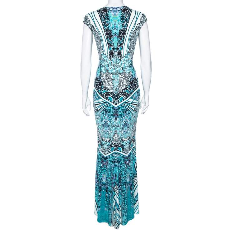 Pre Owned Roberto Cavalli Blue Printed Jersey Gathered Detail Maxi Dress S