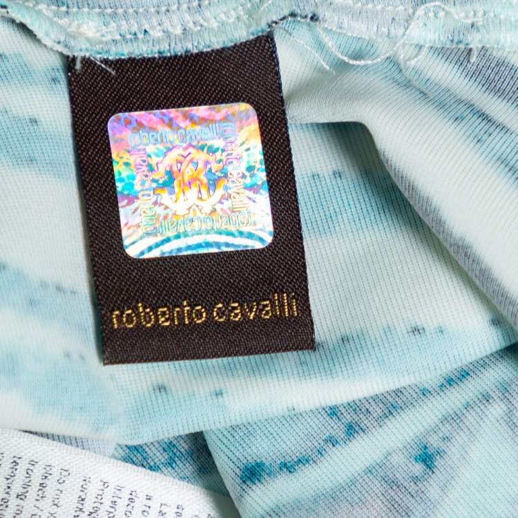 Pre Owned Roberto Cavalli Blue Printed Jersey Gathered Detail Maxi Dress S