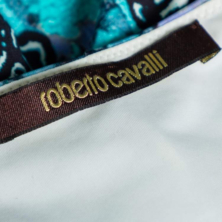 Pre Owned Roberto Cavalli Blue Printed Jersey Gathered Detail Maxi Dress S